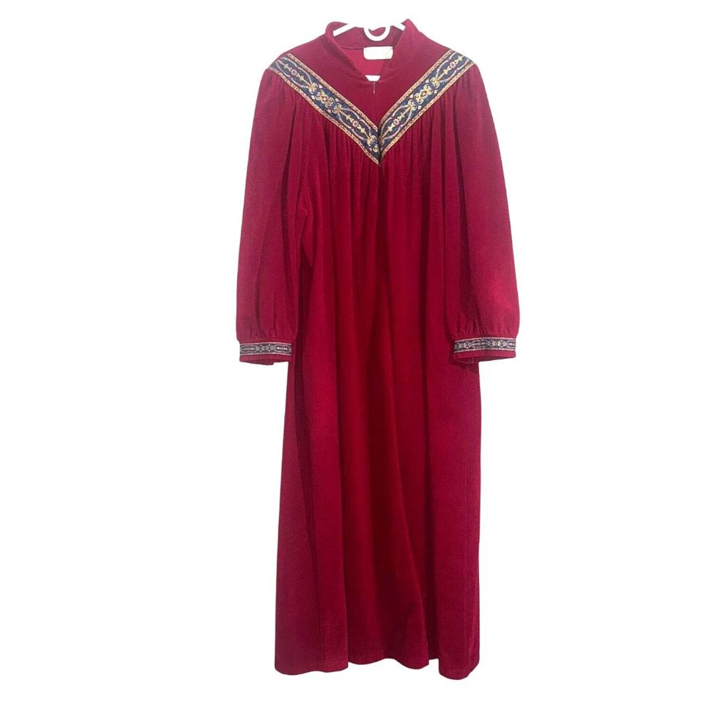 Vintage Vanity Fair Red Velvet Maxi Dress W/ Embroidered Detailing
